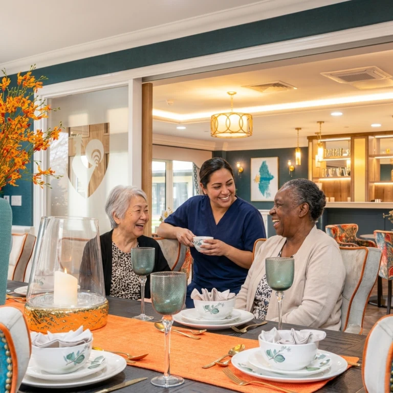 Residents and a care team member laughing together in the private dining room at Esmere Gardens Nursing Home.