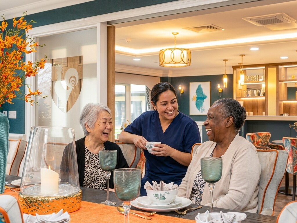 Residents and a care team member laughing together in the private dining room at Esmere Gardens Nursing Home.