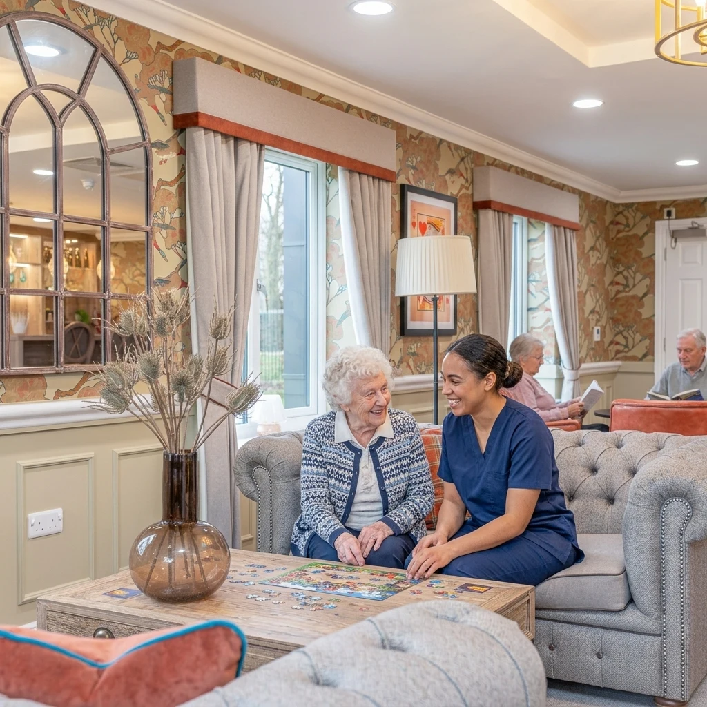 Care team member talking with a resident in a lounge area