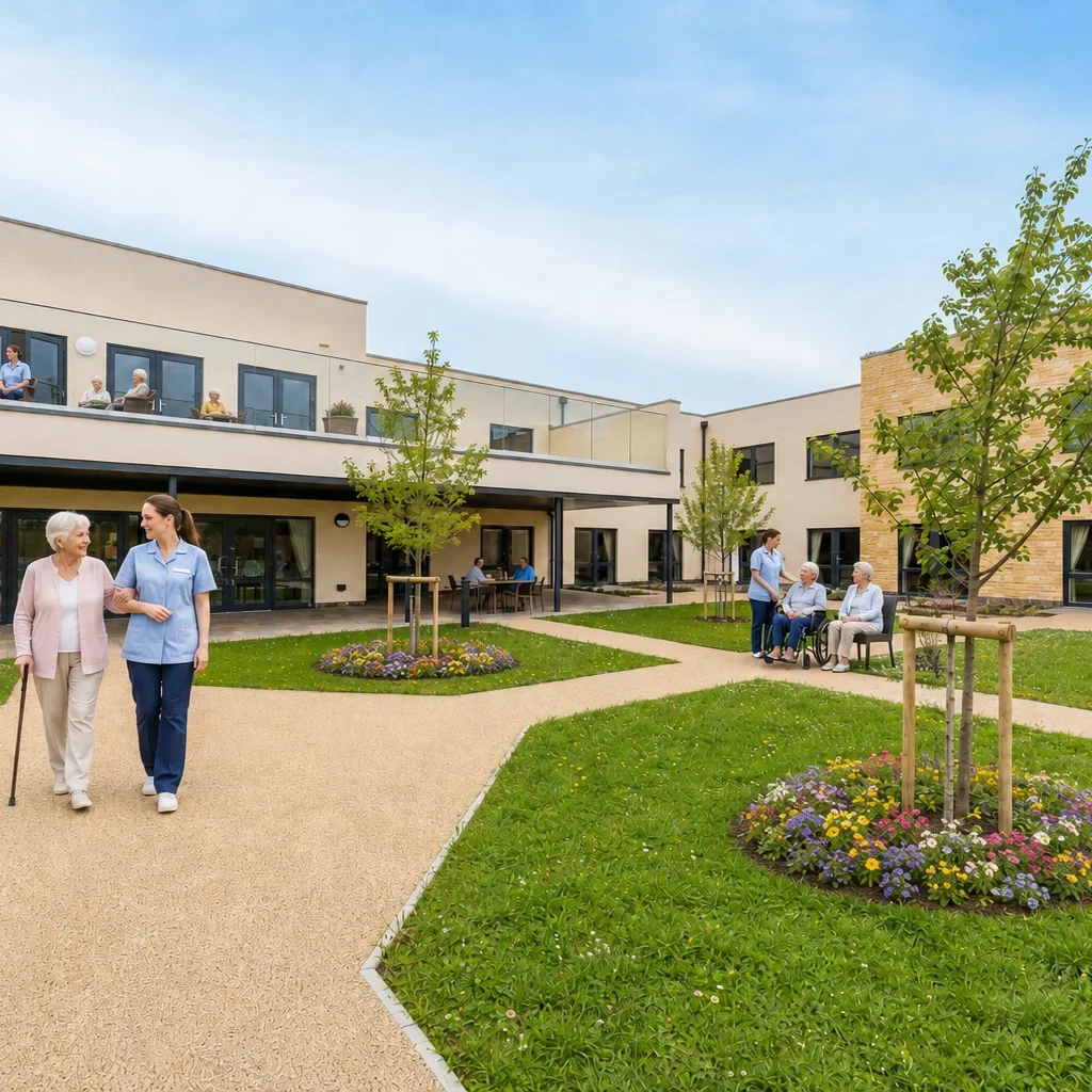 Residents walking and relaxing in the garden with members of the care team at Esmere Gardens Nursing Home.