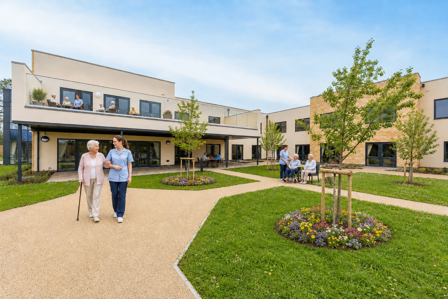 Residents walking and relaxing in the garden with members of the care team at Esmere Gardens Nursing Home.