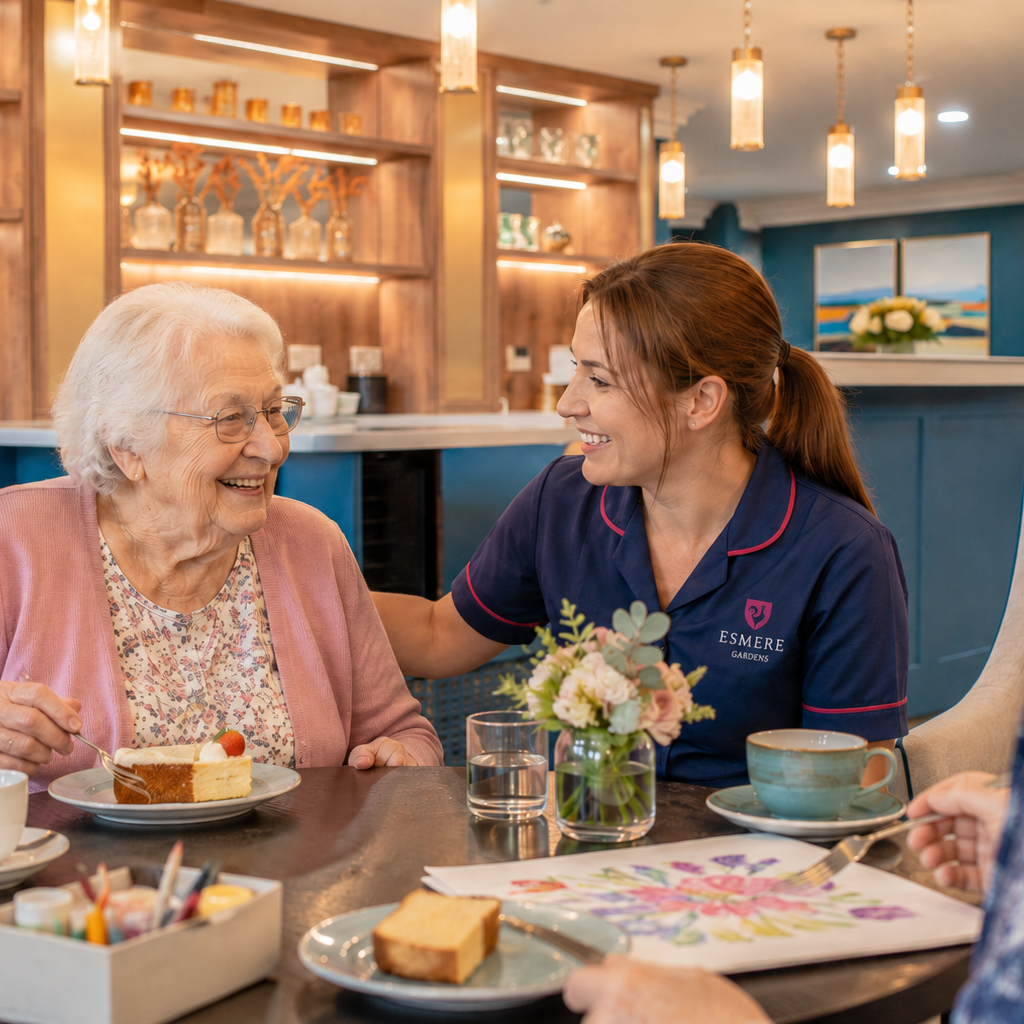 Care team member talking with a resident in a lounge area
