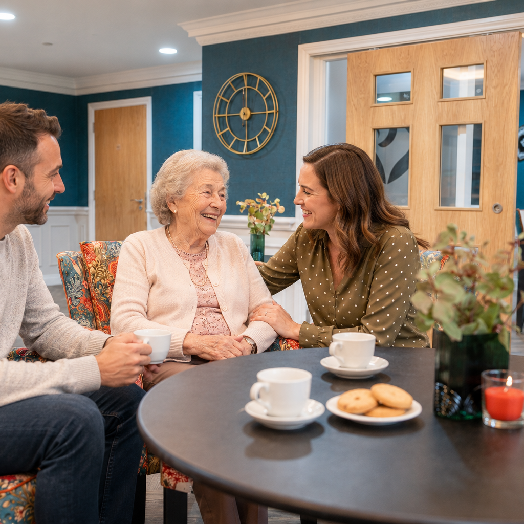 Residents enjoying social activities together in a comfortable care home setting