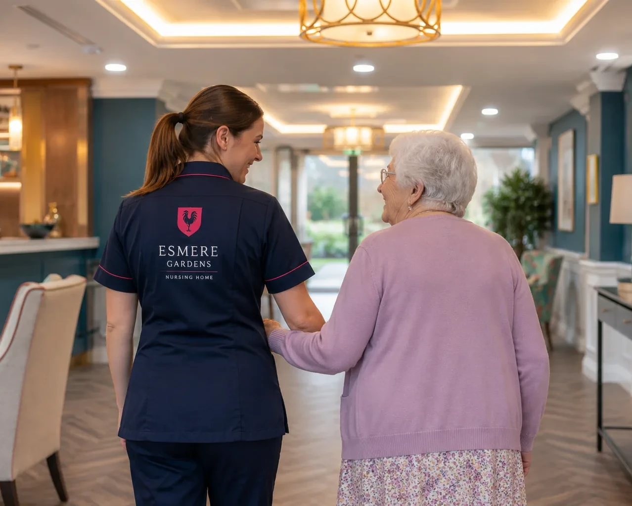 Residents participating in a group activity led by care staff