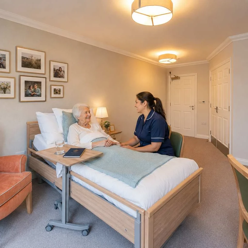 Resident and carer sharing a friendly conversation in a welcoming care home environment.