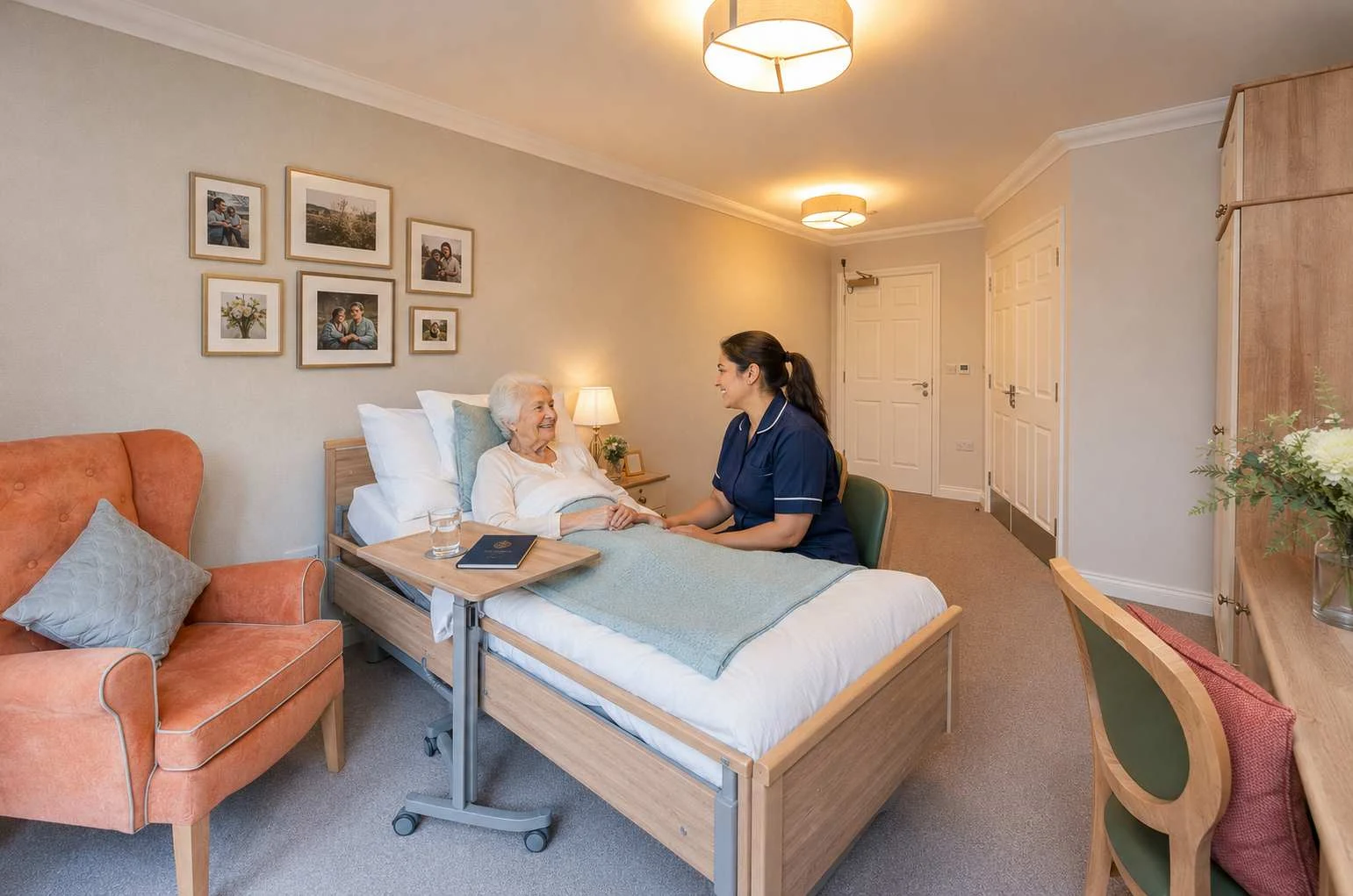 Resident and carer sharing a friendly conversation in a welcoming care home environment.