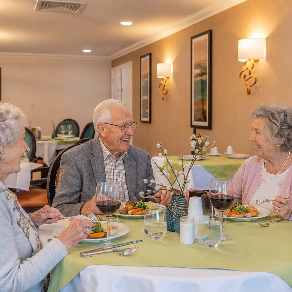 Resident enjoying afternoon tea with care team support at Esmere Gardens Nursing Home in Moreton-in-Marsh.