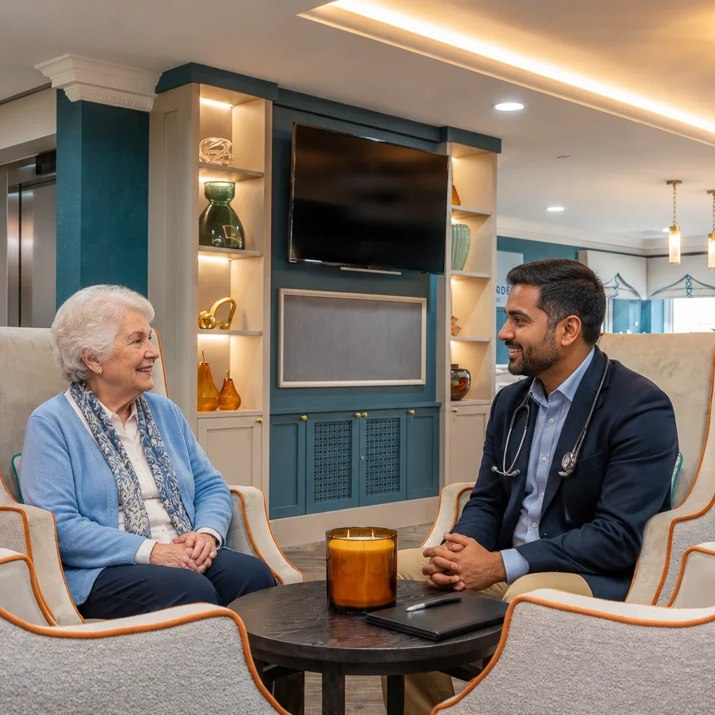 Care team member talking with a resident in a lounge area