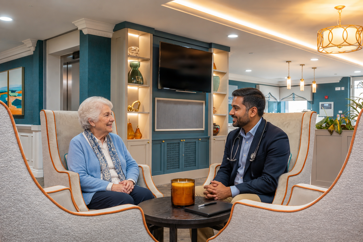 Care team member talking with a resident in a lounge area