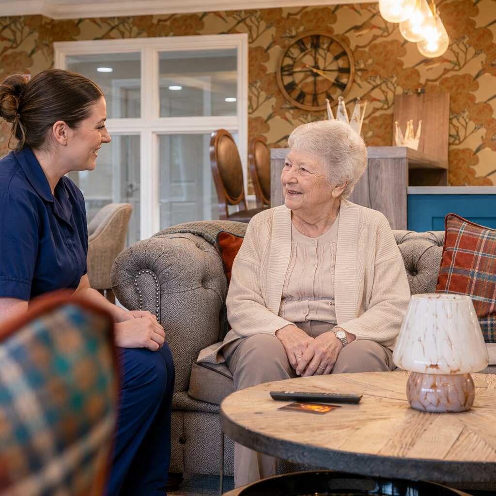 Care team member talking with a resident in a lounge area