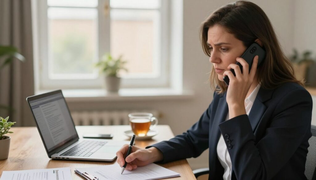 A UK relative in a professional business attire seated at a desk, making a phone call to the local council about a Care Needs Assessment. The foreground features the relative, with a concerned yet resolute expression, holding a pen and paper for notes. In the middle, a blurred laptop and a cup of tea suggest a calm, focused setting. In the background, soft natural light filters through a window, creating a warm atmosphere. The space is simple and organized, emphasizing the seriousness of the call, while promoting a sense of care and professionalism. The logo of "Esmere Gardens Nursing Home" can be subtly included on a brochure on the desk, illustrating the connection to care services. A UK relative in a professional business attire seated at a desk, making a phone call to the local council about a Care Needs Assessment. The foreground features the relative, with a concerned yet resolute expression, holding a pen and paper for notes. In the middle, a blurred laptop and a cup of tea suggest a calm, focused setting. In the background, soft natural light filters through a window, creating a warm atmosphere. The space is simple and organized, emphasizing the seriousness of the call, while promoting a sense of care and professionalism. The logo of "Esmere Gardens Nursing Home" can be subtly included on a brochure on the desk, illustrating the connection to care services.