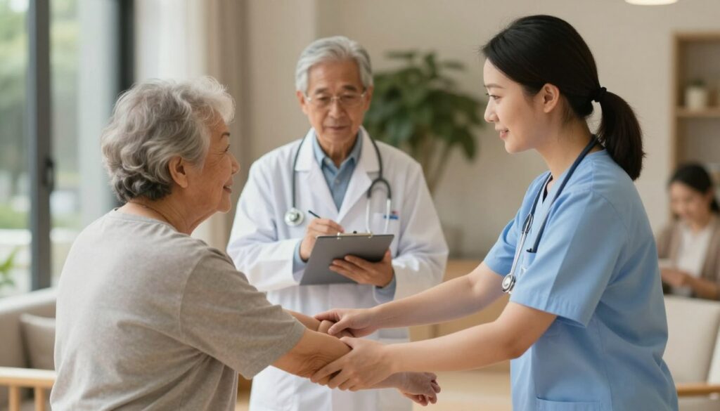 A caring scene at Esmere Gardens Nursing Home showcasing professional nursing care and GP support. In the foreground, a compassionate nurse in smart business attire assists an elderly resident, guiding them through a wellness routine. The middle ground features a GP discussing health plans with a family member, conveying a sense of collaboration and support. The blurred background suggests a serene setting within the nursing home, enhancing the focus on the interaction. The lighting is warm and inviting, capturing a sense of safety and comfort. The atmosphere is calm and nurturing, emphasizing the dedication to providing quality care in a supportive environment.