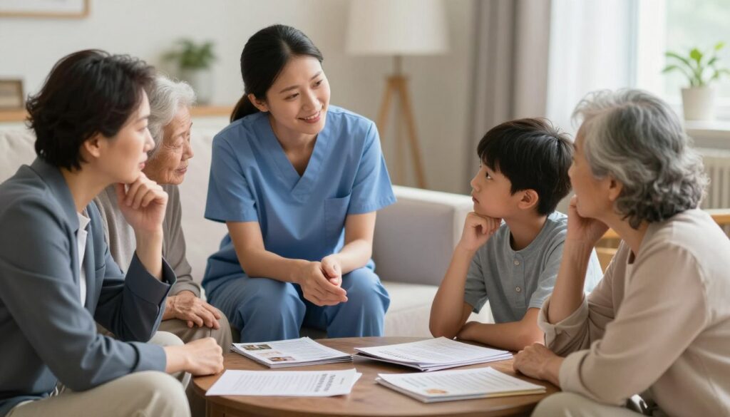 A family engaged in a thoughtful discussion, comparing residential, nursing, and respite care options. In the foreground, a multigenerational family—parents in professional business attire and grandparents in modest casual clothing—are seated around a coffee table filled with brochures and notes, looking focused and concerned. The middle layer includes a friendly caregiver, dressed in scrubs, providing insights and support, conveying a sense of empathy. The background is softly blurred, suggestive of a welcoming care home environment without specifics, emphasizing the importance of the moment. Soft, warm lighting creates a comforting atmosphere, captured with a shallow depth of field to focus on the family dynamic. Include a visual reference to "Esmere Gardens Nursing Home" subtly within the materials on the table, enhancing the scene's relevance.