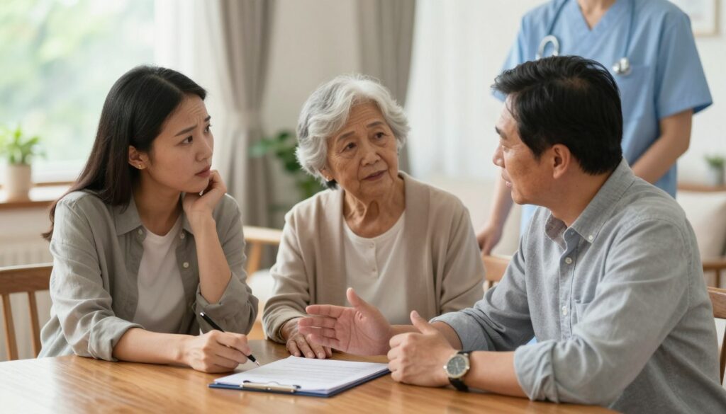 A family gathered in a cozy, well-lit room of Esmere Gardens Nursing Home, discussing care needs before an assessment. In the foreground, a middle-aged couple sits at a wooden table with a document and pen, thoughtfully jotting down notes. The woman, wearing smart casual attire, looks concerned yet focused, while the man, in a buttoned-up shirt, gestures as he explains something to her. In the middle, an elderly woman, dressed modestly, listens attentively, nodding in understanding. In the background, blurred softly to ensure focus on the interaction, a caregiver appears in professional attire, ready to assist. The ambiance is warm and supportive, with natural light filtering through a window, creating a welcoming atmosphere that conveys care and attentiveness.
