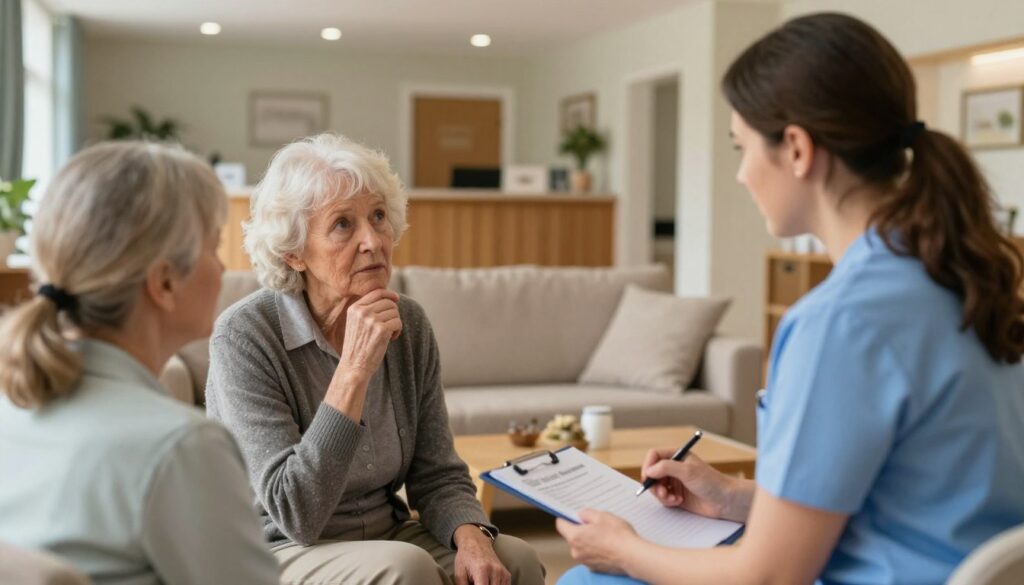 A family interacting with a professional carer at Esmere Gardens Nursing Home, discussing a care assessment. The foreground depicts a warm, inviting atmosphere with a caring carer, dressed in professional attire, attentively listening to an elderly family member who appears thoughtful, conveying concern for their loved one. The middle ground showcases a comfortable seating area, with tasteful decor that reflects the home-like environment of the care home. In the background, the blurred outline of an approachable reception area can be seen, suggesting a welcoming environment. Soft, natural lighting enhances the mood of compassion and support, while the camera angle captures the interaction in a slight zoom-out, creating an intimate yet professional setting.