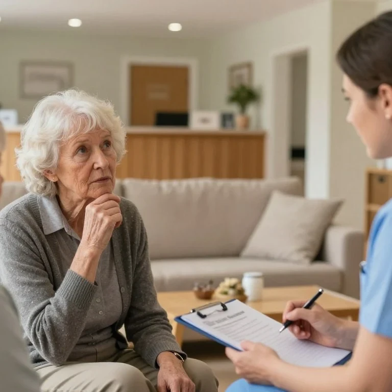 A family interacting with a professional carer at Esmere Gardens Nursing Home, discussing a care assessment. The foreground depicts a warm, inviting atmosphere with a caring carer, dressed in professional attire, attentively listening to an elderly family member who appears thoughtful, conveying concern for their loved one. The middle ground showcases a comfortable seating area, with tasteful decor that reflects the home-like environment of the care home. In the background, the blurred outline of an approachable reception area can be seen, suggesting a welcoming environment. Soft, natural lighting enhances the mood of compassion and support, while the camera angle captures the interaction in a slight zoom-out, creating an intimate yet professional setting.