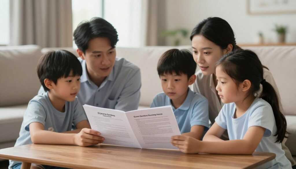 A family of four, consisting of a father, mother, and two children, gathered around a coffee table in a softly lit living room, intently reading CQC information about quality care. The father is in a smart casual shirt, while the mother wears a comfortable yet professional outfit. The children are dressed in modest clothing. The scene is framed in a zoomed-out perspective, capturing their expressions of interest and engagement. The background is blurred to emphasize the family's interaction and the documents on the table. Light filters in from a nearby window, creating a warm and inviting atmosphere. Include a subtle indication of "Esmere Gardens Nursing Home" on the documents they are reviewing, ensuring focus remains on the family's connection and the importance of quality care.