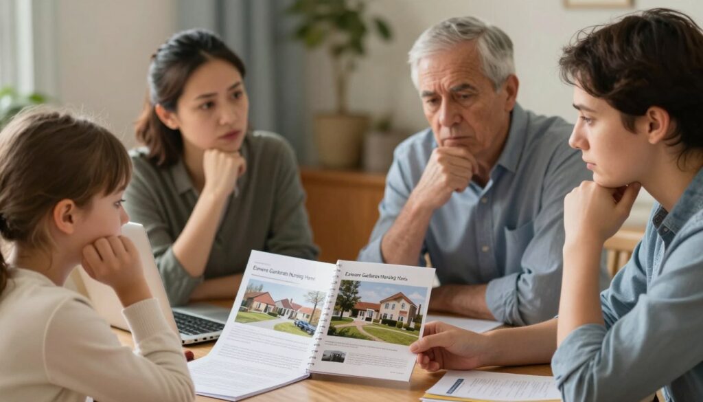 A family of four, consisting of a mother, father, and two adult children, are engaged in a serious discussion around a table, comparing photographs and brochures of residential and nursing care facilities in Gloucestershire. One brochure prominently features “Esmere Gardens Nursing Home.” In the foreground, the family's expressions reflect concern and thoughtfulness, while in the middle of the image, they are surrounded by documents and a laptop. The background is softly blurred to maintain focus on the family's interaction. The lighting is warm and inviting, providing a sense of comfort despite the serious topic. The atmosphere conveys a mix of hope and urgency as they navigate important decisions for their elderly loved one. The scene is shot from a slightly elevated angle, capturing the familial connection and the weight of their discussion. A family of four, consisting of a mother, father, and two adult children, are engaged in a serious discussion around a table, comparing photographs and brochures of residential and nursing care facilities in Gloucestershire. One brochure prominently features “Esmere Gardens Nursing Home.” In the foreground, the family's expressions reflect concern and thoughtfulness, while in the middle of the image, they are surrounded by documents and a laptop. The background is softly blurred to maintain focus on the family's interaction. The lighting is warm and inviting, providing a sense of comfort despite the serious topic. The atmosphere conveys a mix of hope and urgency as they navigate important decisions for their elderly loved one. The scene is shot from a slightly elevated angle, capturing the familial connection and the weight of their discussion.