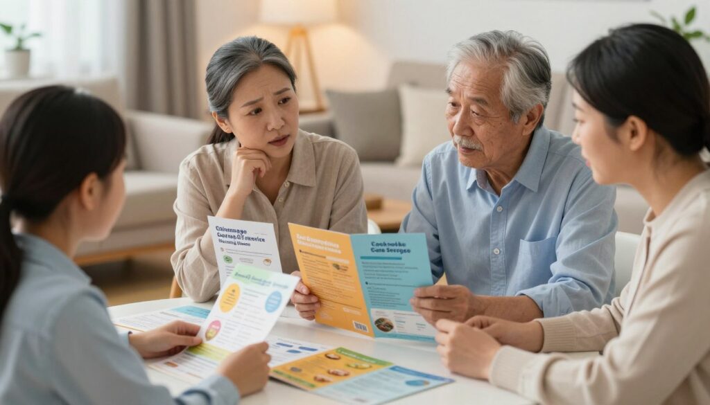 A family of four, including a middle-aged couple and their elderly parent, are seated around a table in a cozy, well-lit living room, enthusiastically reviewing care package services and meals offered by Esmere Gardens Nursing Home. The foreground focuses on colorful brochures and menus spread out on the table, with the family members attentively discussing their options. The middle distance captures their engaged expressions, illustrating a sense of concern and care. The background is softly blurred, featuring comfortable furniture and warm lighting that creates an inviting atmosphere. The scene conveys a mood of togetherness and responsibility, emphasizing the family's commitment to making informed choices for their loved one’s nursing care. The individuals wear modest, casual clothing, maintaining a professional yet relaxed appearance.