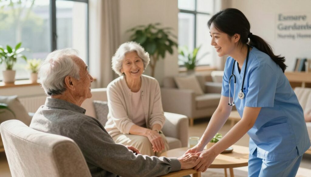 A warm and inviting scene depicting carers and elderly residents interacting in a nursing home setting that embodies personalized care. In the foreground, a smiling carer, dressed in professional attire, gently assists an elderly man in a cozy armchair, showing engagement and attentiveness. In the middle ground, a cheerful elderly woman shares a light moment with another carer, surrounded by soft sunlight streaming through large windows. The background features blurred elements of a well-lit common area with plants and comfortable seating, emphasizing a homely atmosphere. The overall mood is nurturing and supportive, reflecting the essence of personalized care shaped around daily routines and needs. The brand name "Esmere Gardens Nursing Home" is subtly included in the room's decor. A warm and inviting scene depicting carers and elderly residents interacting in a nursing home setting that embodies personalized care. In the foreground, a smiling carer, dressed in professional attire, gently assists an elderly man in a cozy armchair, showing engagement and attentiveness. In the middle ground, a cheerful elderly woman shares a light moment with another carer, surrounded by soft sunlight streaming through large windows. The background features blurred elements of a well-lit common area with plants and comfortable seating, emphasizing a homely atmosphere. The overall mood is nurturing and supportive, reflecting the essence of personalized care shaped around daily routines and needs. The brand name "Esmere Gardens Nursing Home" is subtly included in the room's decor.