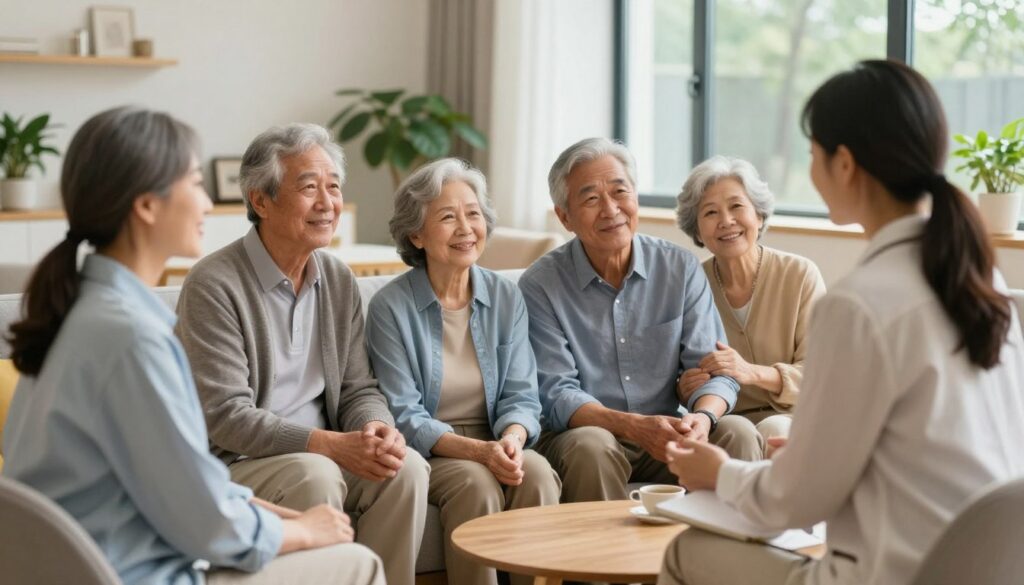A warm and inviting scene inside Esmere Gardens Nursing Home, depicting a family of four—two adults and two elderly parents—engaged in a discussion with a professional care home manager. The family members wear smart casual clothing, while the manager is dressed in a crisp business attire. The foreground focuses on their animated conversation, capturing thoughtful expressions. In the middle ground, a cozy and well-lit common area features comfortable seating and lush indoor plants, promoting a sense of comfort and care. Soft, natural lighting streams in from large windows, creating a welcoming atmosphere. The background is subtly blurred to keep the focus on the interaction, while maintaining a home-like feeling. Overall, the image conveys reassurance and warmth, illustrating the journey of moving a parent to a care home. A warm and inviting scene inside Esmere Gardens Nursing Home, depicting a family of four—two adults and two elderly parents—engaged in a discussion with a professional care home manager. The family members wear smart casual clothing, while the manager is dressed in a crisp business attire. The foreground focuses on their animated conversation, capturing thoughtful expressions. In the middle ground, a cozy and well-lit common area features comfortable seating and lush indoor plants, promoting a sense of comfort and care. Soft, natural lighting streams in from large windows, creating a welcoming atmosphere. The background is subtly blurred to keep the focus on the interaction, while maintaining a home-like feeling. Overall, the image conveys reassurance and warmth, illustrating the journey of moving a parent to a care home.