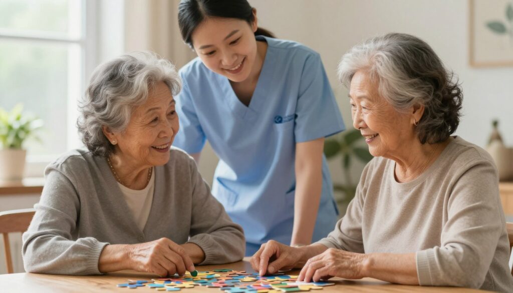 A warm and supportive scene depicting family members engaging in familiar routines with an elderly person, representing dementia respite care. In the foreground, a middle-aged woman and her elderly mother, who has a gentle expression, sit at a cozy table, perhaps doing a puzzle together. The middle ground features a caregiver in professional attire, attentively observing the interaction with a smile, conveying a sense of compassion. The background is softly blurred to focus on these interactions, enhancing the warm atmosphere with natural light filtering in through a nearby window. The overall mood is nurturing and peaceful, emphasizing connection and care in a home-like setting. The logo for "Esmere Gardens Nursing Home" subtly incorporated into the scene conveys trust and professionalism in caregiving. A warm and supportive scene depicting family members engaging in familiar routines with an elderly person, representing dementia respite care. In the foreground, a middle-aged woman and her elderly mother, who has a gentle expression, sit at a cozy table, perhaps doing a puzzle together. The middle ground features a caregiver in professional attire, attentively observing the interaction with a smile, conveying a sense of compassion. The background is softly blurred to focus on these interactions, enhancing the warm atmosphere with natural light filtering in through a nearby window. The overall mood is nurturing and peaceful, emphasizing connection and care in a home-like setting. The logo for "Esmere Gardens Nursing Home" subtly incorporated into the scene conveys trust and professionalism in caregiving.