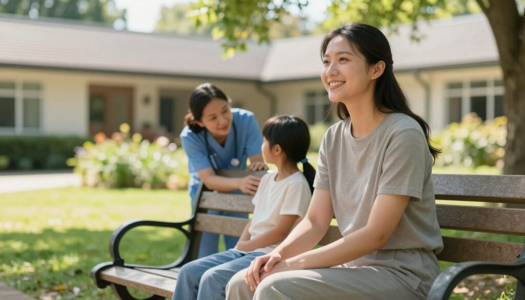 Family carer taking a break while a loved one receives support Family carer taking a break while a loved one receives support