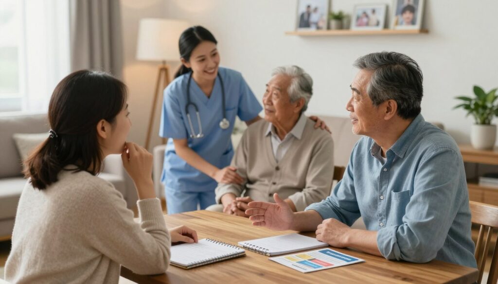 Family reviewing dementia support and daily routines at home Family reviewing dementia support and daily routines at home