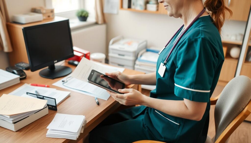 Nurse reviewing care details in quiet office at Esmere Gardens