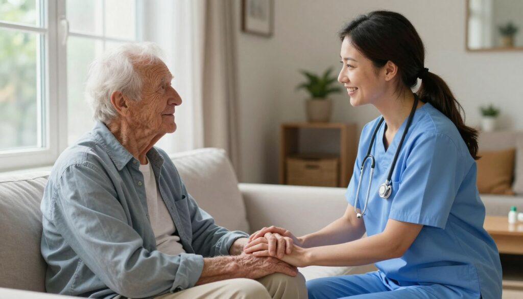 Staff speaking calmly with a resident living with dementia Staff speaking calmly with a resident living with dementia
